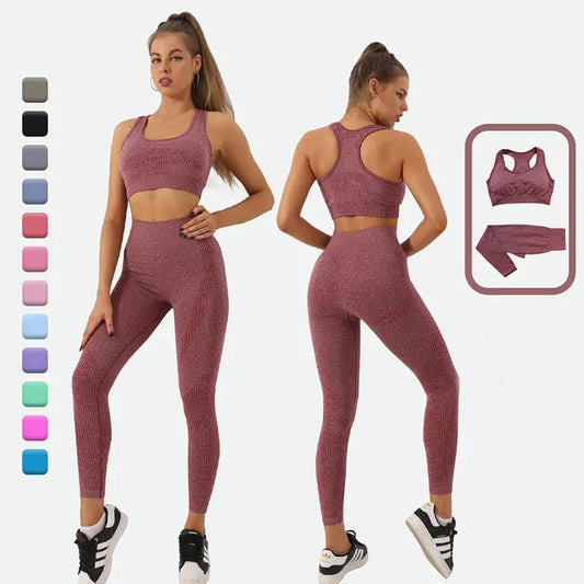 2PCS Seamless Yoga Set Women Tracksuit High Waist Leggings Workout Sportswear Gym Clothing Fitness Crop Top Sports Suits Gym Set M J Fitness