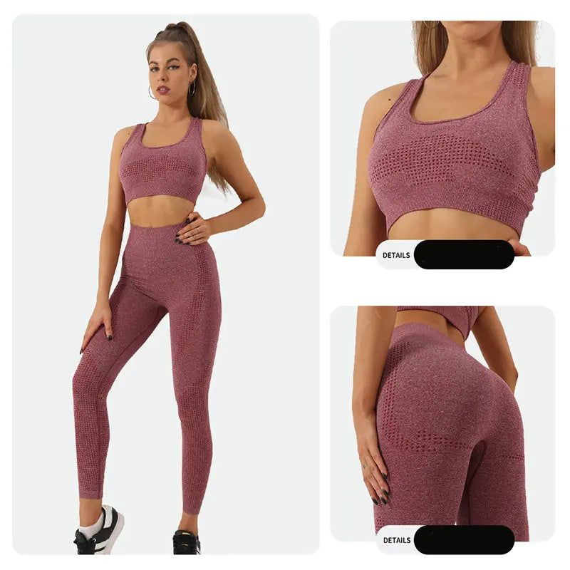 2PCS Seamless Yoga Set Women Tracksuit High Waist Leggings Workout Sportswear Gym Clothing Fitness Crop Top Sports Suits Gym Set M J Fitness