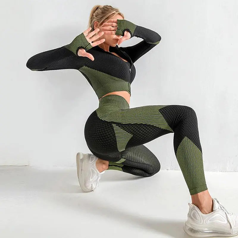 3PCS Yoga Set Seamless Sport Set Women Gym Clothing Leggings Women Crop Top Sports Bra Women Fitness Gym Set Womens Outfits Tracksuit M J Fitness