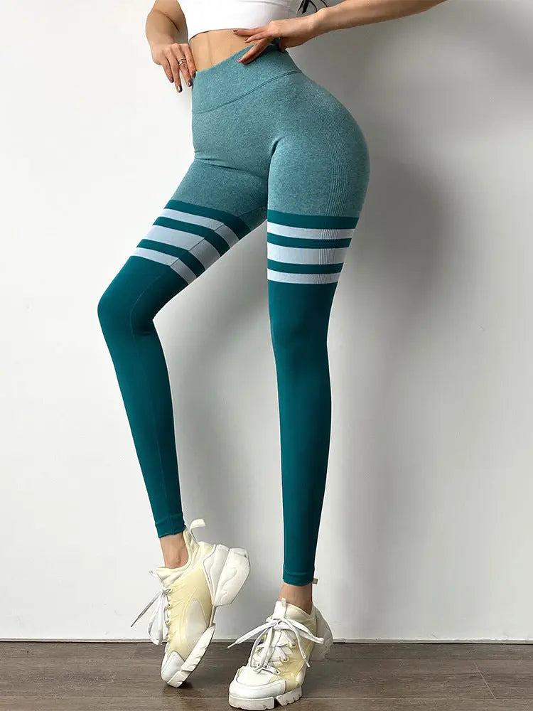 Stripe Design Fitness Leggings High Waisted Tummy Control Gym Yoga Pants Workout Running Legging M J Fitness