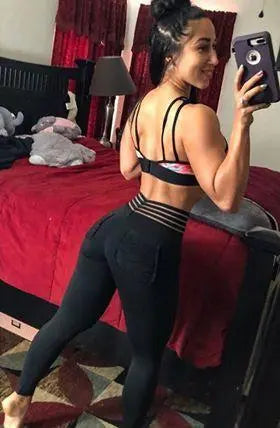 BEST SELLING! - Striped High Waist Pocket Push Up Tummy Control Fitness Leggings M J Fitness