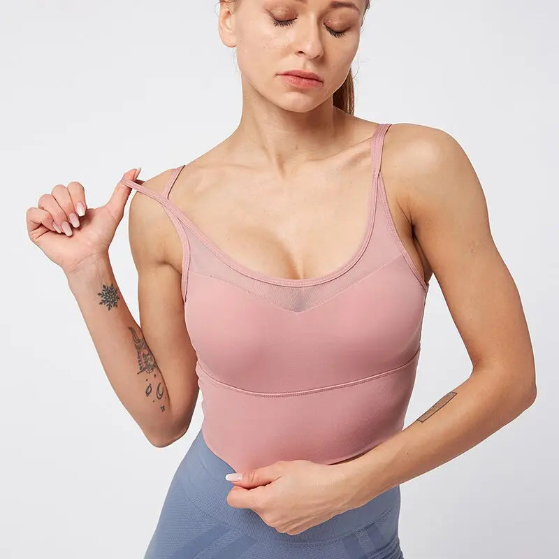 Kaminsky Nylon Mesh Fitness Bra Cross Beauty Back Sports Top Stitching Breathable Gym Sports Bra Women Sexy Tank Top M J Fitness
