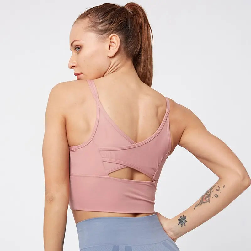 Kaminsky Nylon Mesh Fitness Bra Cross Beauty Back Sports Top Stitching Breathable Gym Sports Bra Women Sexy Tank Top M J Fitness