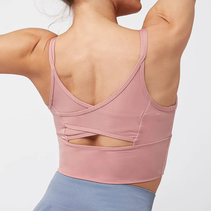 Kaminsky Nylon Mesh Fitness Bra Cross Beauty Back Sports Top Stitching Breathable Gym Sports Bra Women Sexy Tank Top M J Fitness