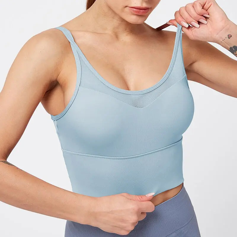 Kaminsky Nylon Mesh Fitness Bra Cross Beauty Back Sports Top Stitching Breathable Gym Sports Bra Women Sexy Tank Top M J Fitness