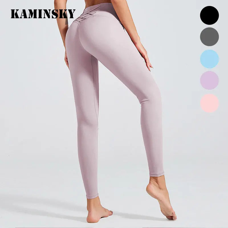 Kaminsky Soft Naked-Feel Athletic Fitness Leggings Women Stretchy High Waist Gym Sport Pant High Quality Nylon Cross Belt Leggin M J Fitness