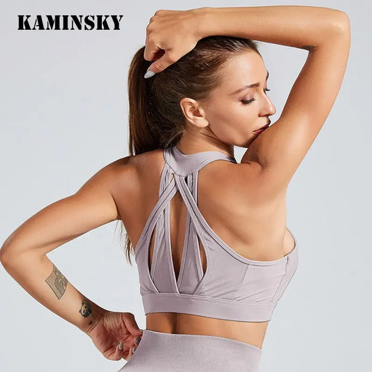 Kaminsky Women Workout Fitness Bra Mesh Patchwork Tank Top Push Up Elastic Top Women Sports Gym Bra Sexy Tank Top For Women M J Fitness