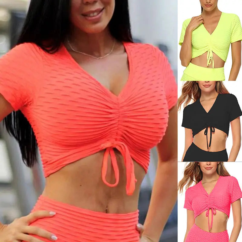 LOOZYKIT Women Breathable Fitness Sets Jacquard Straps Yoga Shorts Leggings Skinny Slim Sexy Drawstring Short Sleeve Sports Top M J Fitness