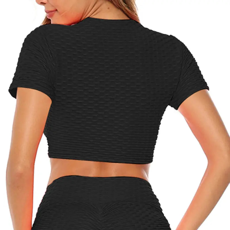 LOOZYKIT Women Breathable Fitness Sets Jacquard Straps Yoga Shorts Leggings Skinny Slim Sexy Drawstring Short Sleeve Sports Top M J Fitness