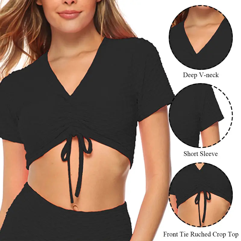 LOOZYKIT Women Breathable Fitness Sets Jacquard Straps Yoga Shorts Leggings Skinny Slim Sexy Drawstring Short Sleeve Sports Top M J Fitness