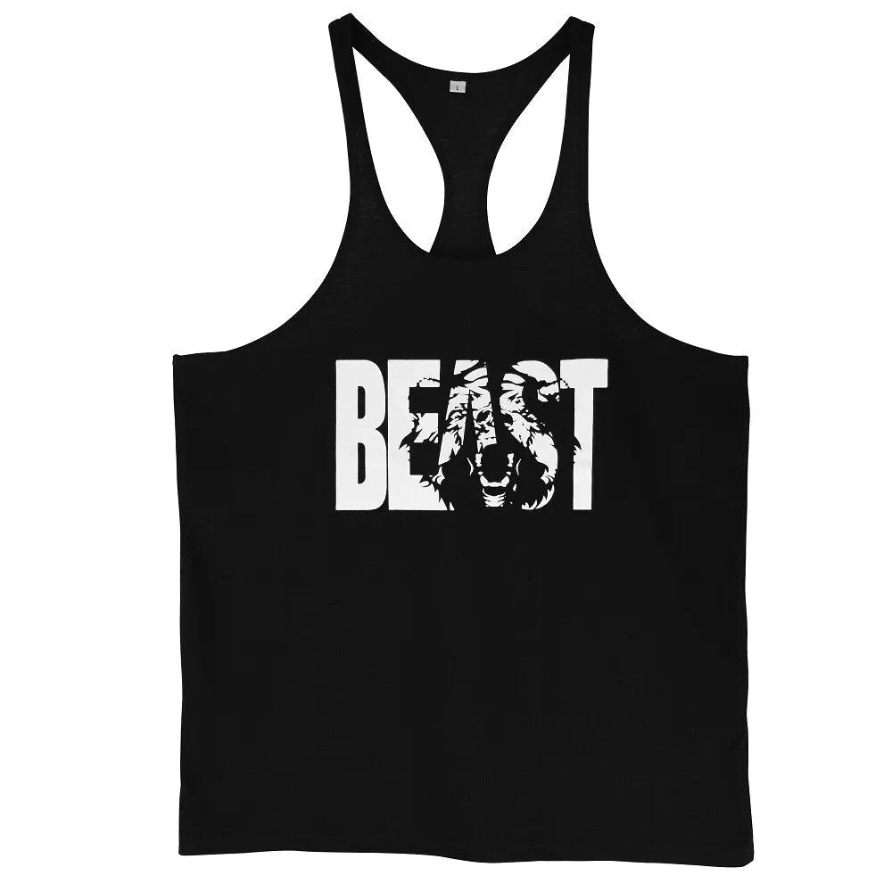 Men's Gym Workout Printed "BEAST" Tank Tops Y Back Fitness Thin Shoulder Strap Muscle Fit Stringer Bodybuilding Extreme Tee M J Fitness