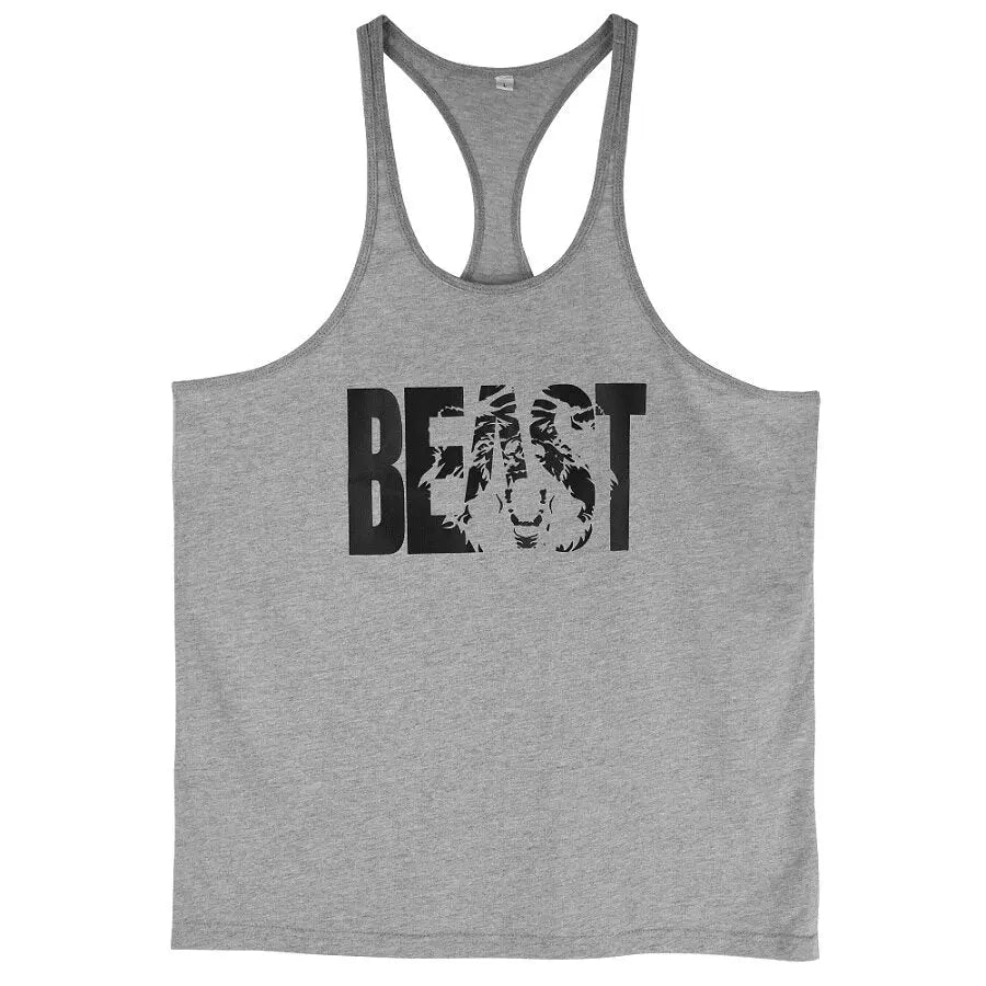 Men's Gym Workout Printed "BEAST" Tank Tops Y Back Fitness Thin Shoulder Strap Muscle Fit Stringer Bodybuilding Extreme Tee M J Fitness