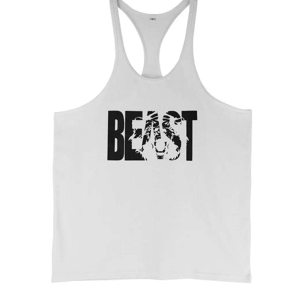 Men's Gym Workout Printed "BEAST" Tank Tops Y Back Fitness Thin Shoulder Strap Muscle Fit Stringer Bodybuilding Extreme Tee M J Fitness