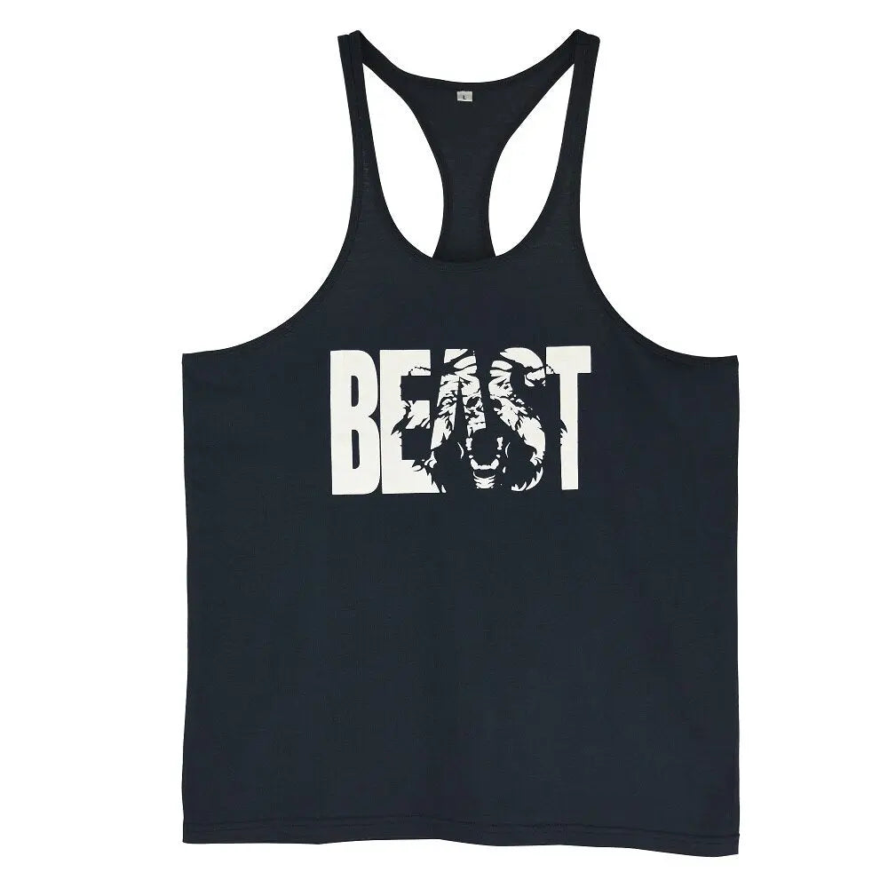 Men's Gym Workout Printed "BEAST" Tank Tops Y Back Fitness Thin Shoulder Strap Muscle Fit Stringer Bodybuilding Extreme Tee M J Fitness
