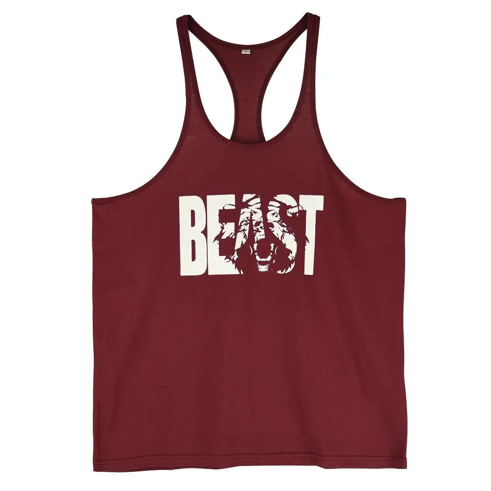 Men's Gym Workout Printed "BEAST" Tank Tops Y Back Fitness Thin Shoulder Strap Muscle Fit Stringer Bodybuilding Extreme Tee M J Fitness