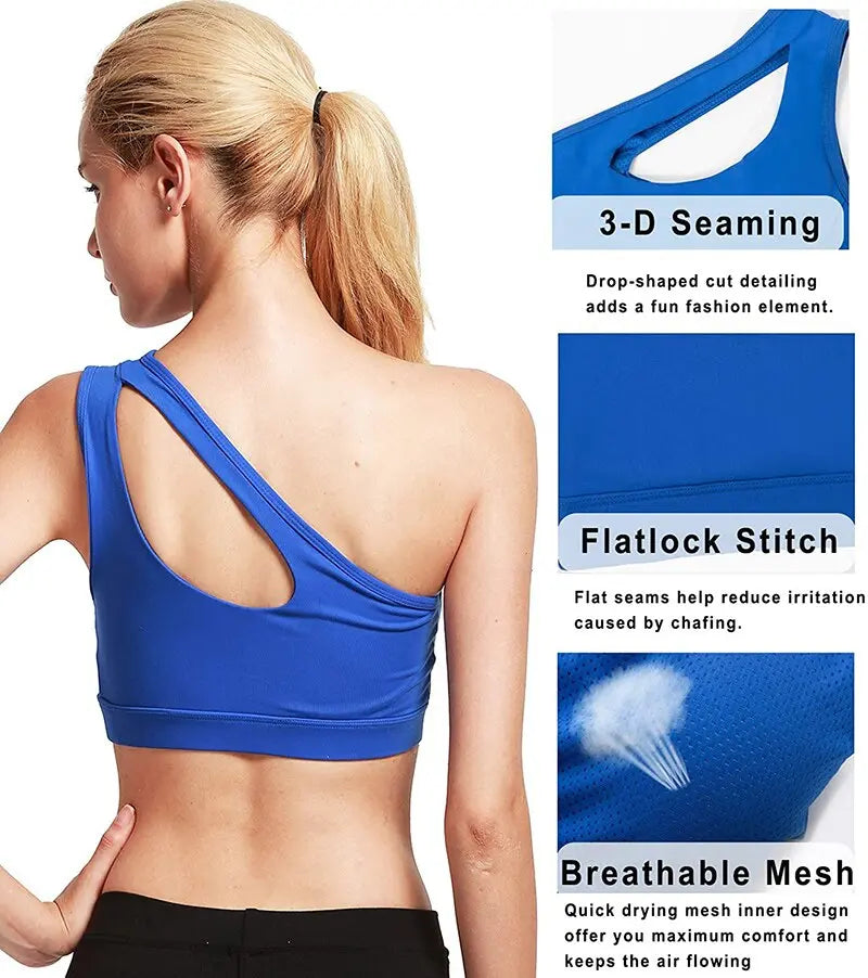 Sexy One Shoulder Yoga Bras Women Sports Top Crop Athletic Vest Push Up Underwear BH Sports Bra Sportswear Wire Free Gym Shirts M J Fitness