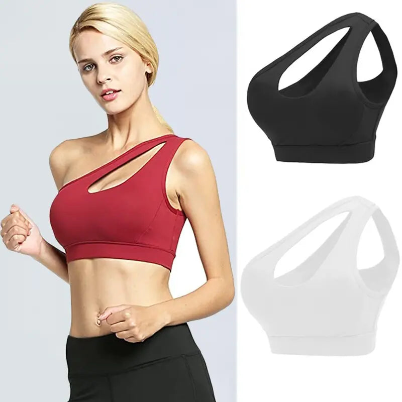 Sexy One Shoulder Yoga Bras Women Sports Top Crop Athletic Vest Push Up Underwear BH Sports Bra Sportswear Wire Free Gym Shirts M J Fitness