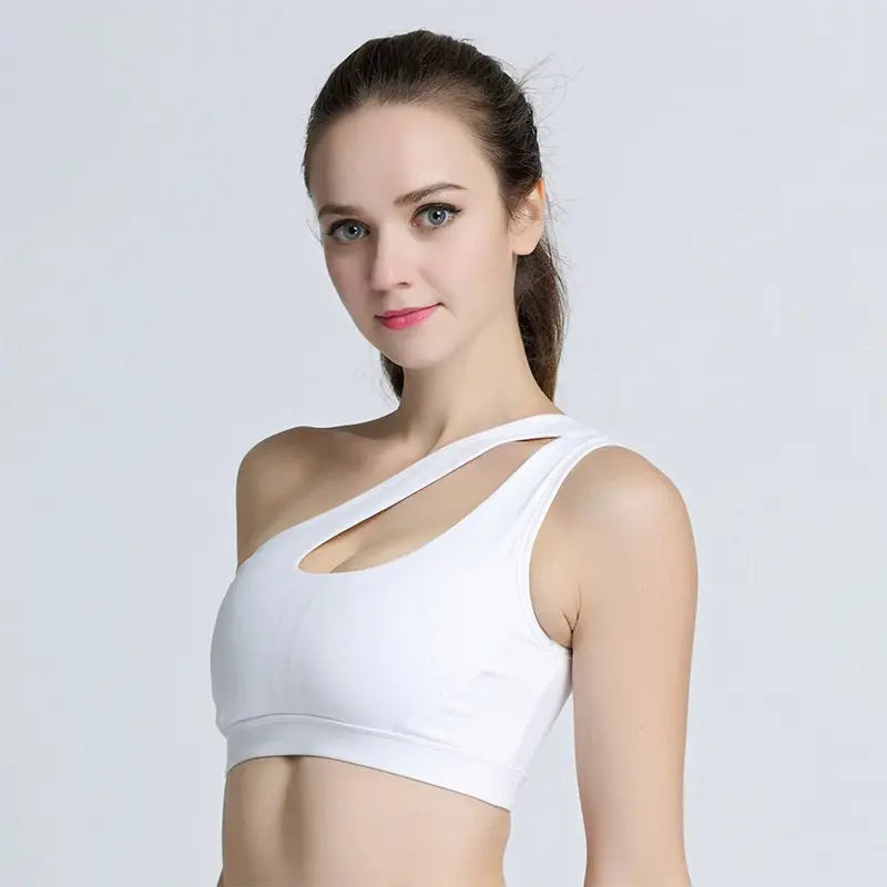 Sexy One Shoulder Yoga Bras Women Sports Top Crop Athletic Vest Push Up Underwear BH Sports Bra Sportswear Wire Free Gym Shirts M J Fitness