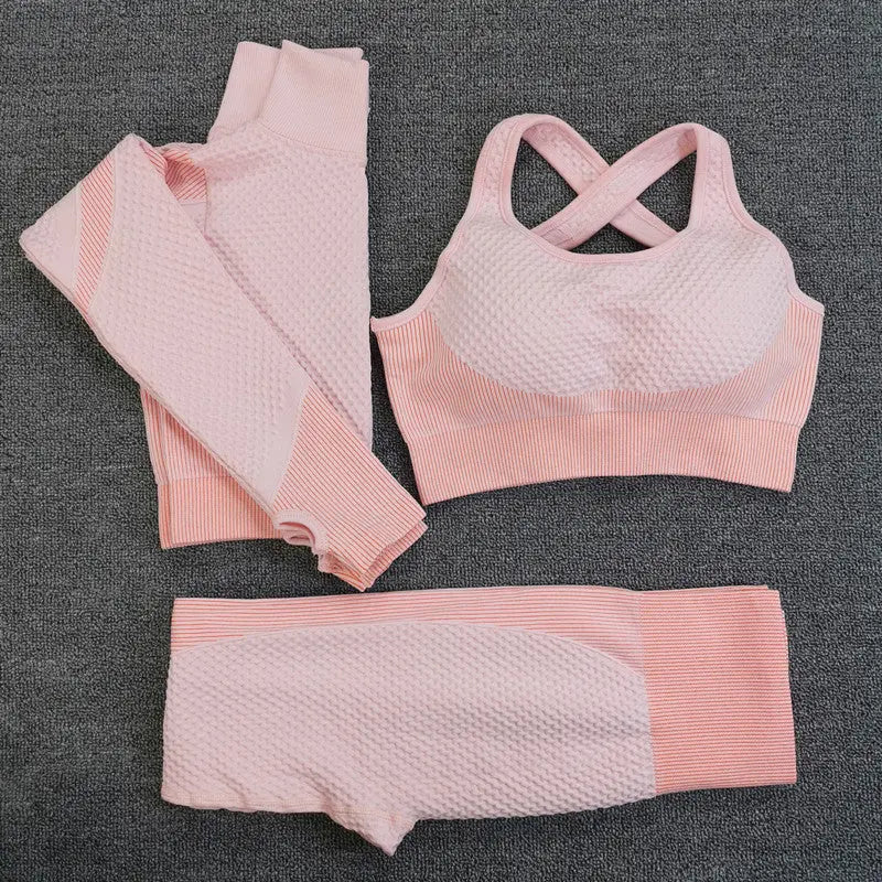 Sport Seamless Workout Set Women Rib 3 2 Piece Long Sleeve Zipper Crop Top Shirt Legging Pants Fitness Set Clothes Yoga Gym Set M J Fitness