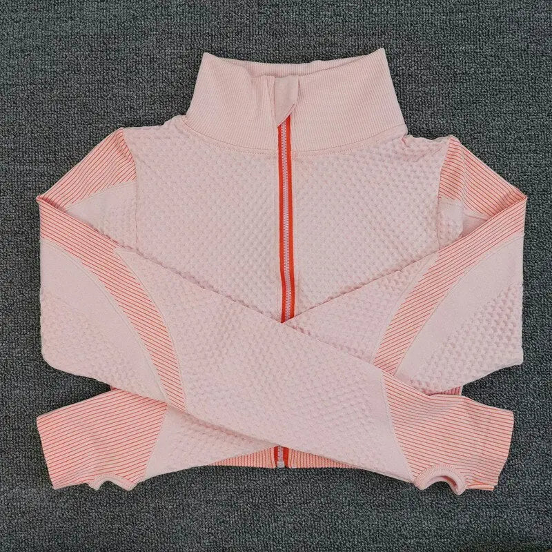Sport Seamless Workout Set Women Rib 3 2 Piece Long Sleeve Zipper Crop Top Shirt Legging Pants Fitness Set Clothes Yoga Gym Set M J Fitness