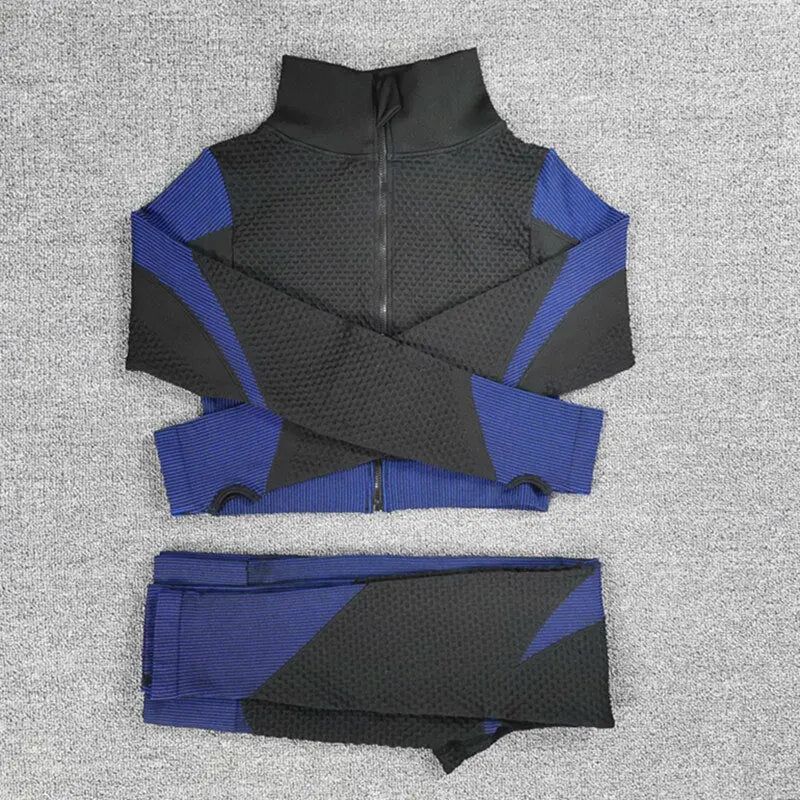 Sport Seamless Workout Set Women Rib 3 2 Piece Long Sleeve Zipper Crop Top Shirt Legging Pants Fitness Set Clothes Yoga Gym Set M J Fitness