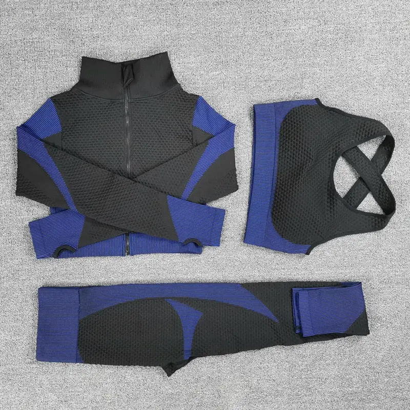 Sport Seamless Workout Set Women Rib 3 2 Piece Long Sleeve Zipper Crop Top Shirt Legging Pants Fitness Set Clothes Yoga Gym Set M J Fitness