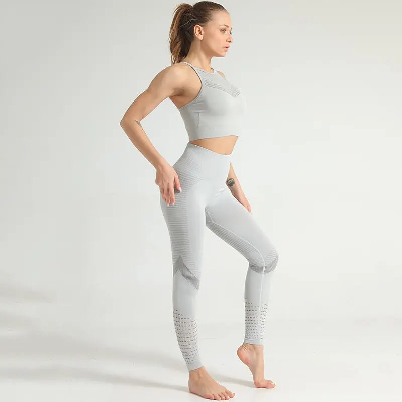 Summer Mesh Fitness Sets Sexy Solid Sleeveless Crop Tops Leggings Sets Seamless Slim Outfit Quick Dry Sports Suits Active Wear M J Fitness