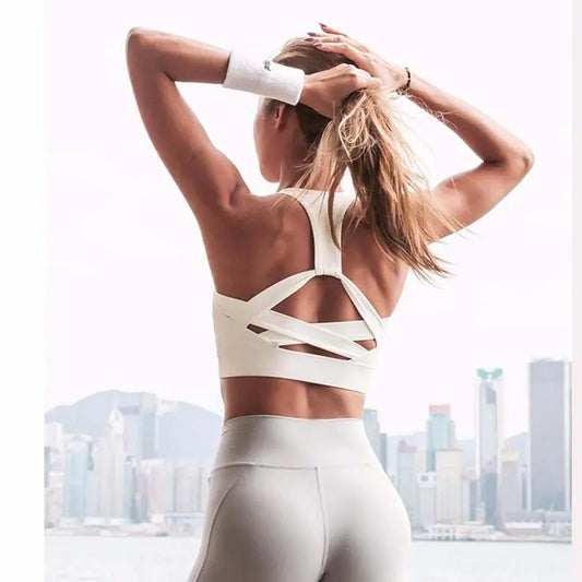 Women White Strap Push Up Sports Bra for Women Gym Running yoga top Bra Athletic Vest Hollow out Sportswear Underwear M J Fitness