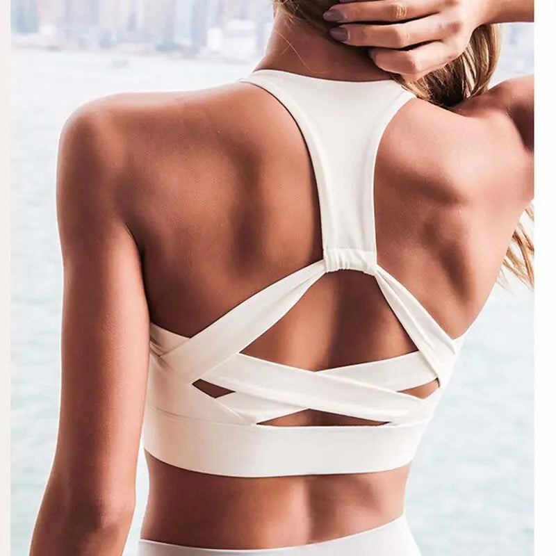 Women White Strap Push Up Sports Bra for Women Gym Running yoga top Bra Athletic Vest Hollow out Sportswear Underwear M J Fitness