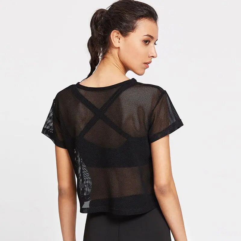 Women's Mesh Yoga Shirt Sexy Short Sleeve T-Shirt Sport Top Blouse Cover Up Quick Dry Gym Clothes Running Fitness Tank Sportwear M J Fitness