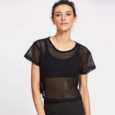 Women's Mesh Yoga Shirt Sexy Short Sleeve T-Shirt Sport Top Blouse Cover Up Quick Dry Gym Clothes Running Fitness Tank Sportwear M J Fitness