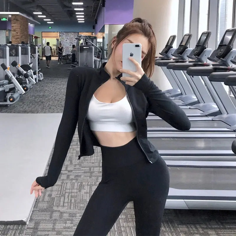 Women's Slim Zipper Sports Gym Running Long Sleeve Crop Tops M J Fitness