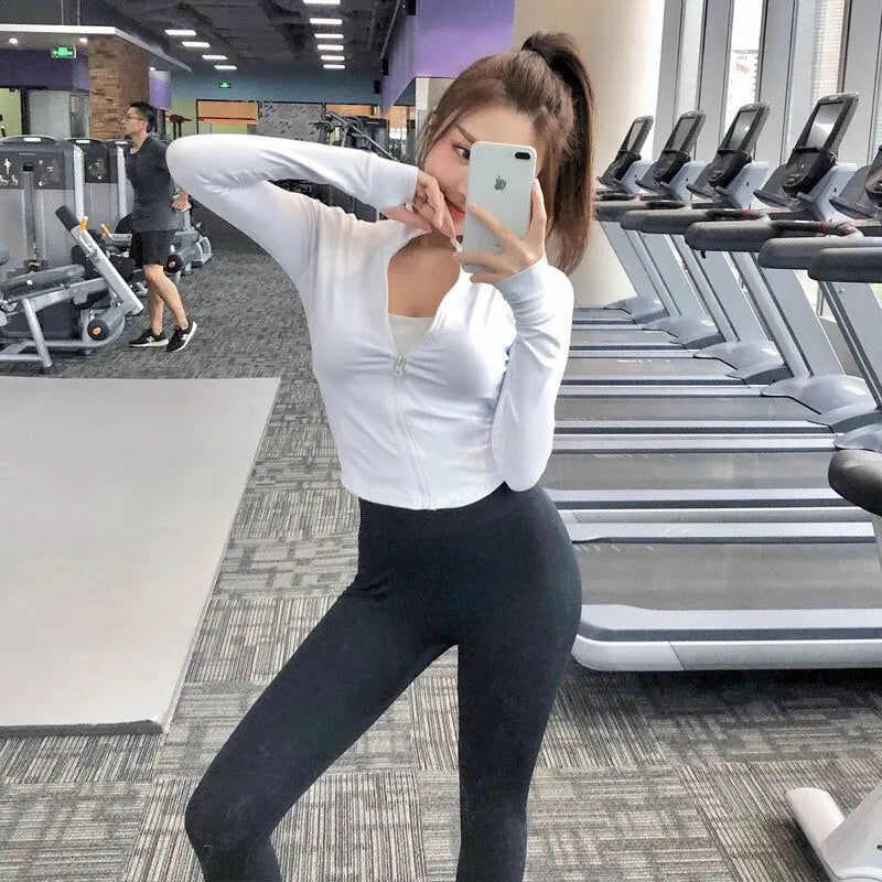 Women's Slim Zipper Sports Gym Running Long Sleeve Crop Tops M J Fitness