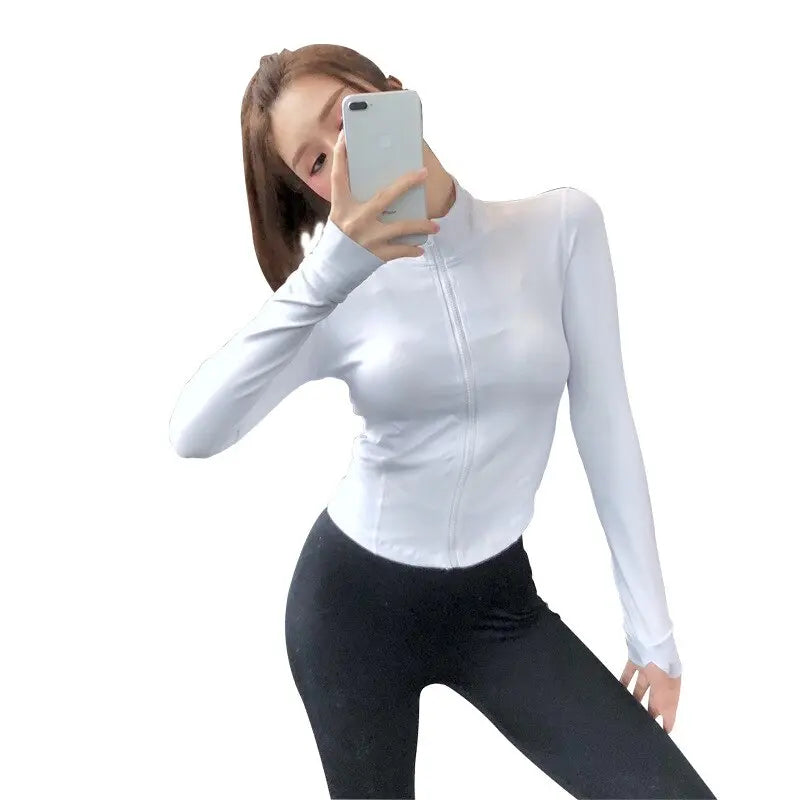 Women's Slim Zipper Sports Gym Running Long Sleeve Crop Tops M J Fitness
