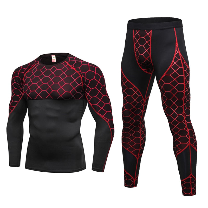 Men's Compression Run jogging Suits Grid Clothes Sports Set Long t shirt And Pants Gym Fitness workout Tights clothing 2pcs Sets M J Fitness