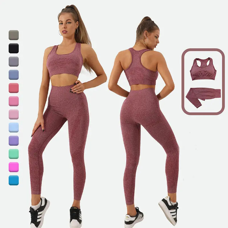 2PCS Seamless Yoga Set Women Tracksuit High Waist Leggings Workout Sportswear Gym Clothing Fitness Crop Top Sports Suits Gym Set M J Fitness