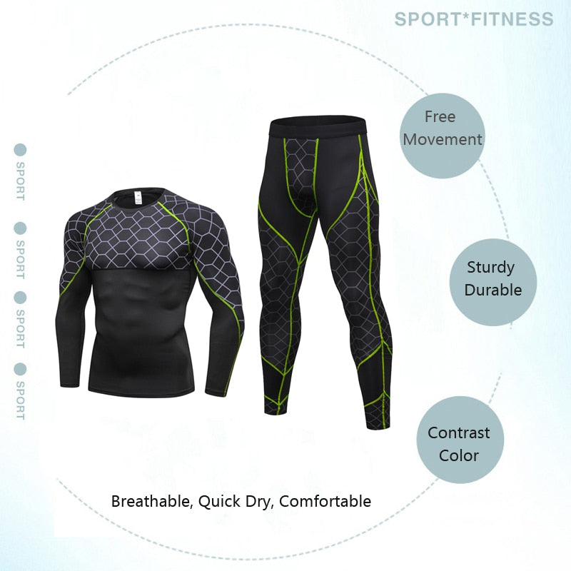 Men's Compression Run jogging Suits Grid Clothes Sports Set Long t shirt And Pants Gym Fitness workout Tights clothing 2pcs Sets M J Fitness
