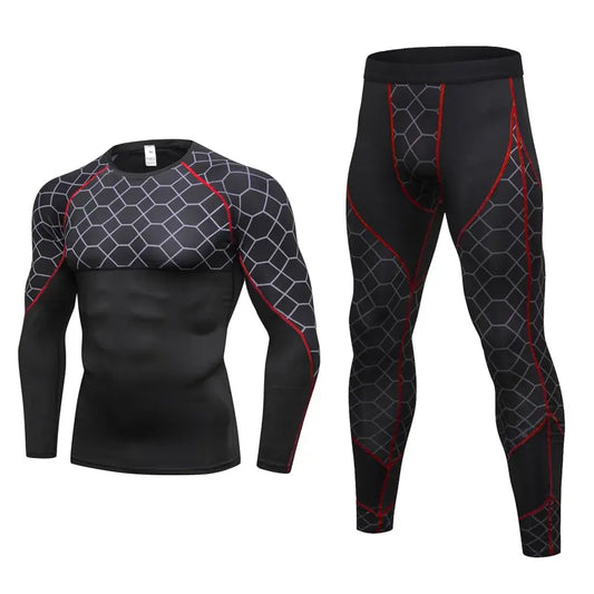 Men's Compression Run jogging Suits Grid Clothes Sports Set Long t shirt And Pants Gym Fitness workout Tights clothing 2pcs Sets M J Fitness