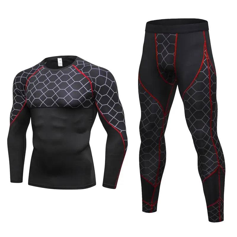 Men's Compression Run jogging Suits Grid Clothes Sports Set Long t shirt And Pants Gym Fitness workout Tights clothing 2pcs Sets M J Fitness