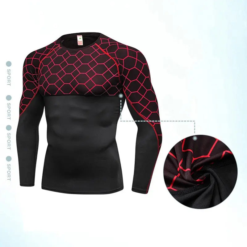 Men's Compression Run jogging Suits Grid Clothes Sports Set Long t shirt And Pants Gym Fitness workout Tights clothing 2pcs Sets M J Fitness