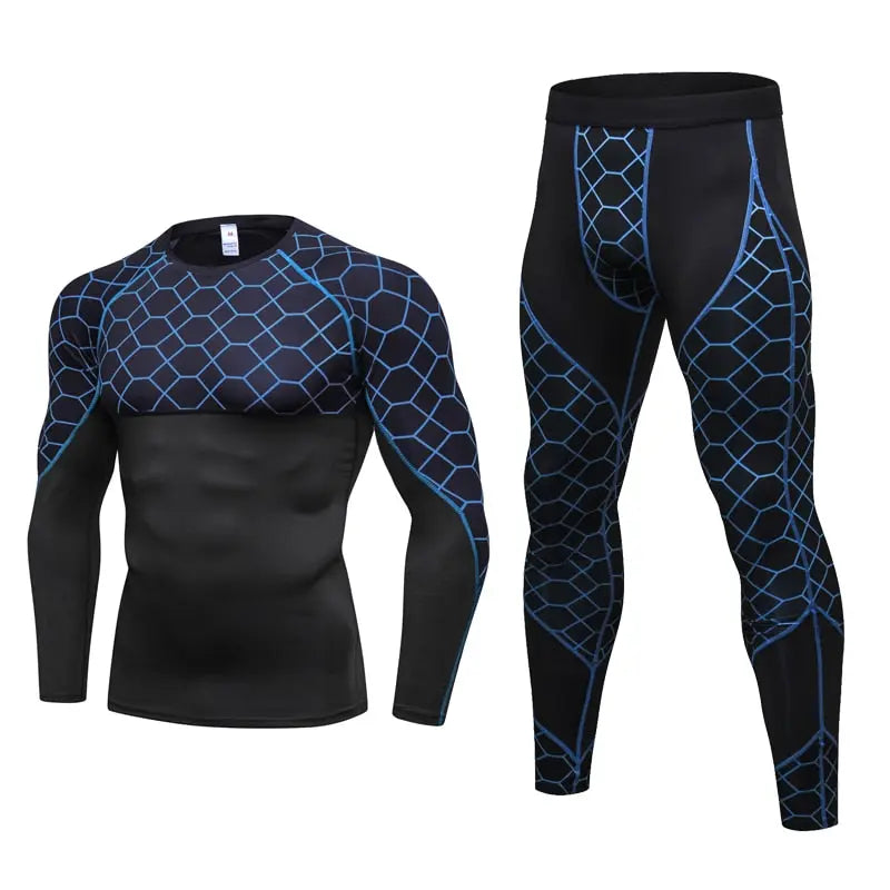 Men's Compression Run jogging Suits Grid Clothes Sports Set Long t shirt And Pants Gym Fitness workout Tights clothing 2pcs Sets M J Fitness