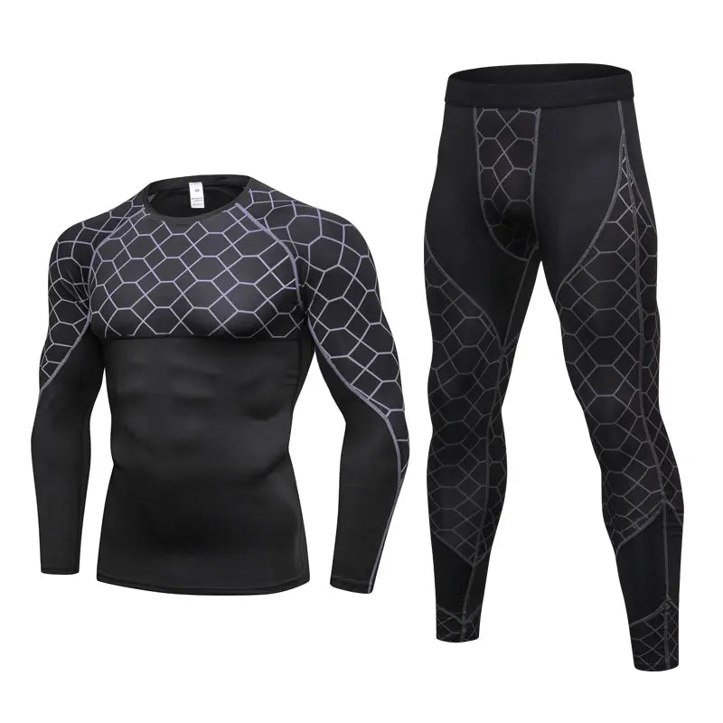 Men's Compression Run jogging Suits Grid Clothes Sports Set Long t shirt And Pants Gym Fitness workout Tights clothing 2pcs Sets M J Fitness