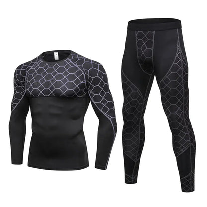 Men's Compression Run jogging Suits Grid Clothes Sports Set Long t shirt And Pants Gym Fitness workout Tights clothing 2pcs Sets M J Fitness
