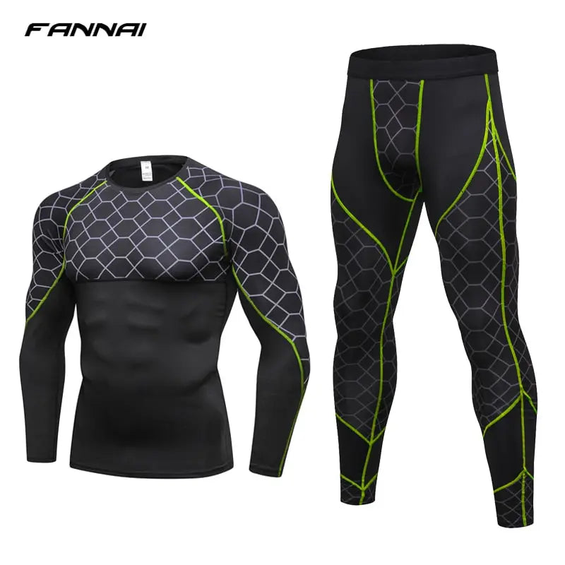 Men's Compression Run jogging Suits Grid Clothes Sports Set Long t shirt And Pants Gym Fitness workout Tights clothing 2pcs Sets M J Fitness