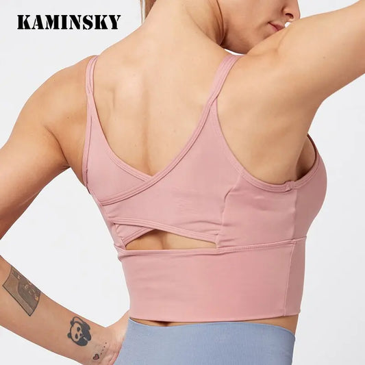 Kaminsky Nylon Mesh Fitness Bra Cross Beauty Back Sports Top Stitching Breathable Gym Sports Bra Women Sexy Tank Top M J Fitness