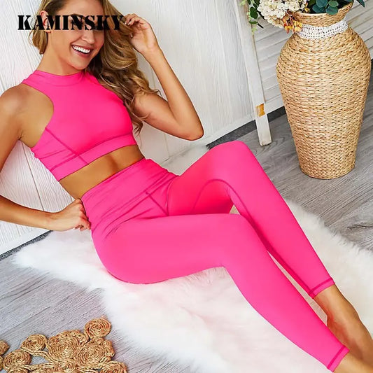 Kaminsky Two Piece Sets Women Zipper Top+High Waist Leggings Skinny Sports Tracksuit Women Clothes Patchwork Fitness Sports Wear M J Fitness