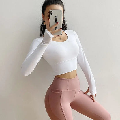 Long Sleeve Gym Yoga Sports Crop Top With Chest pad Women's T-shirt Fitness Woman Sport Tshirt Workout Tops For Women Sportswear M J Fitness
