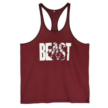 Men's Gym Workout Printed "BEAST" Tank Tops  Y Back Fitness Thin Shoulder Strap Muscle Fit Stringer Bodybuilding Extreme Tee M J Fitness