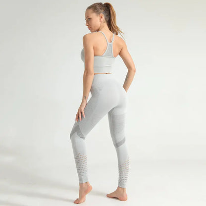 Summer Mesh Fitness Sets Sexy Solid Sleeveless Crop Tops Leggings Sets Seamless Slim Outfit Quick Dry Sports Suits Active Wear M J Fitness