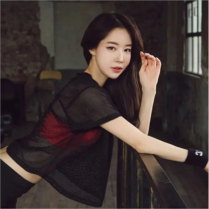 Women's Mesh Yoga Shirt Sexy Short Sleeve T-Shirt Sport Top Blouse Cover Up Quick Dry Gym Clothes Running Fitness Tank Sportwear M J Fitness